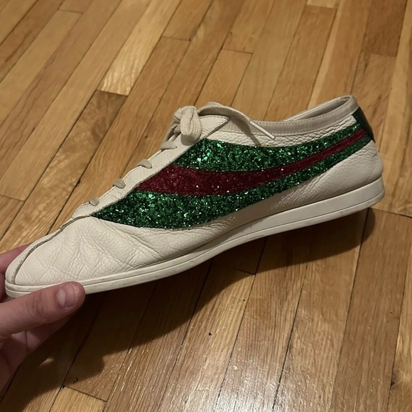 GUCCI Falacer sneaker Web glitter white leather bee - Picture 2 of 7